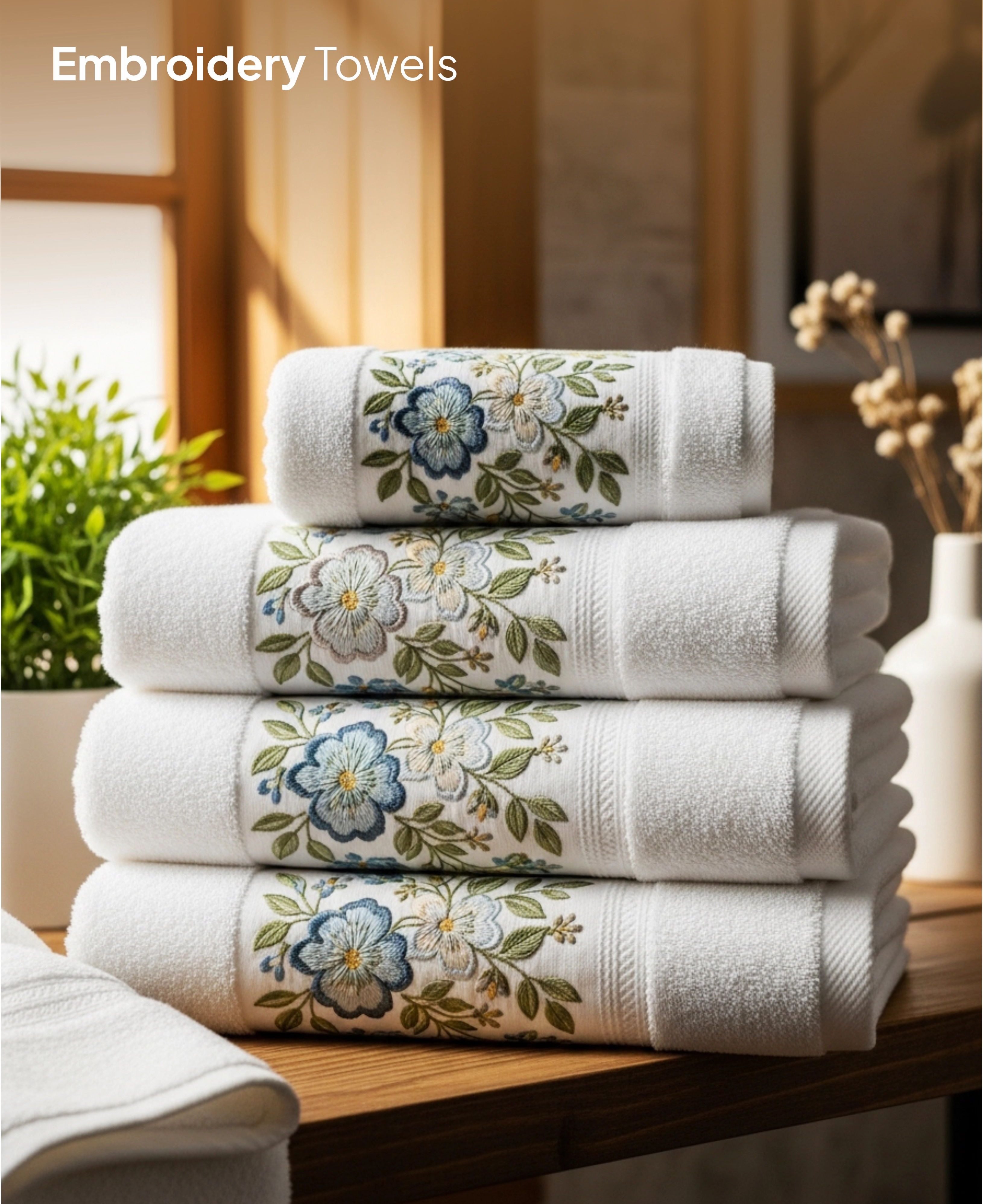 Embroidered towels on wooden surface